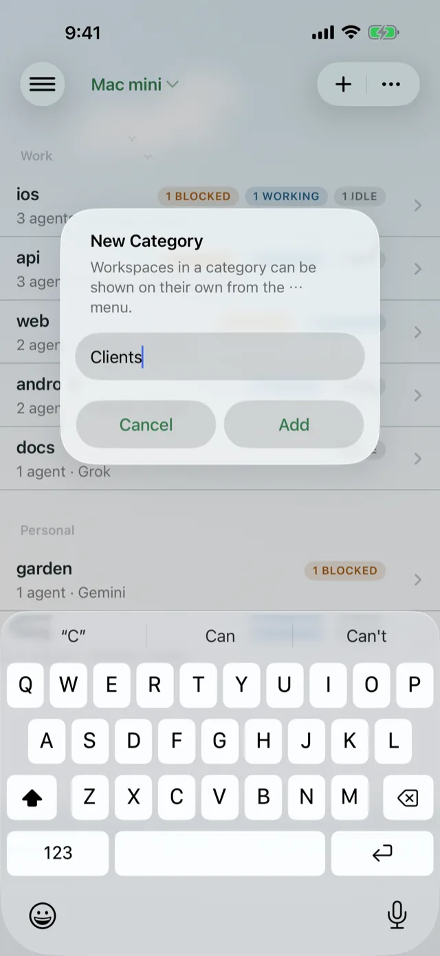 The New Category alert with Clients typed in
