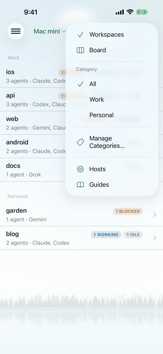 The ⋯ menu with Workspaces and Board, the Category section, Manage Categories, Hosts and Guides