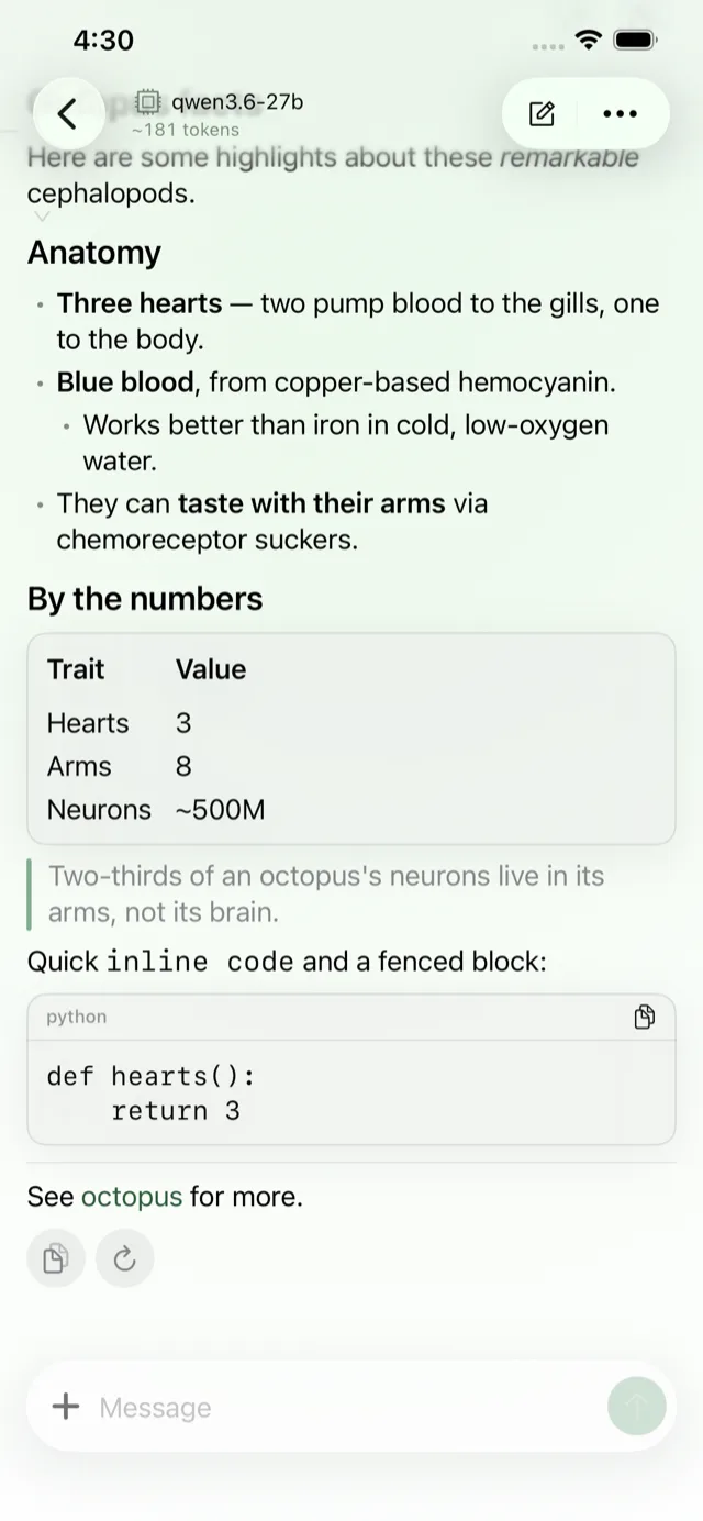 Lochan streaming a richly formatted answer with a table and code