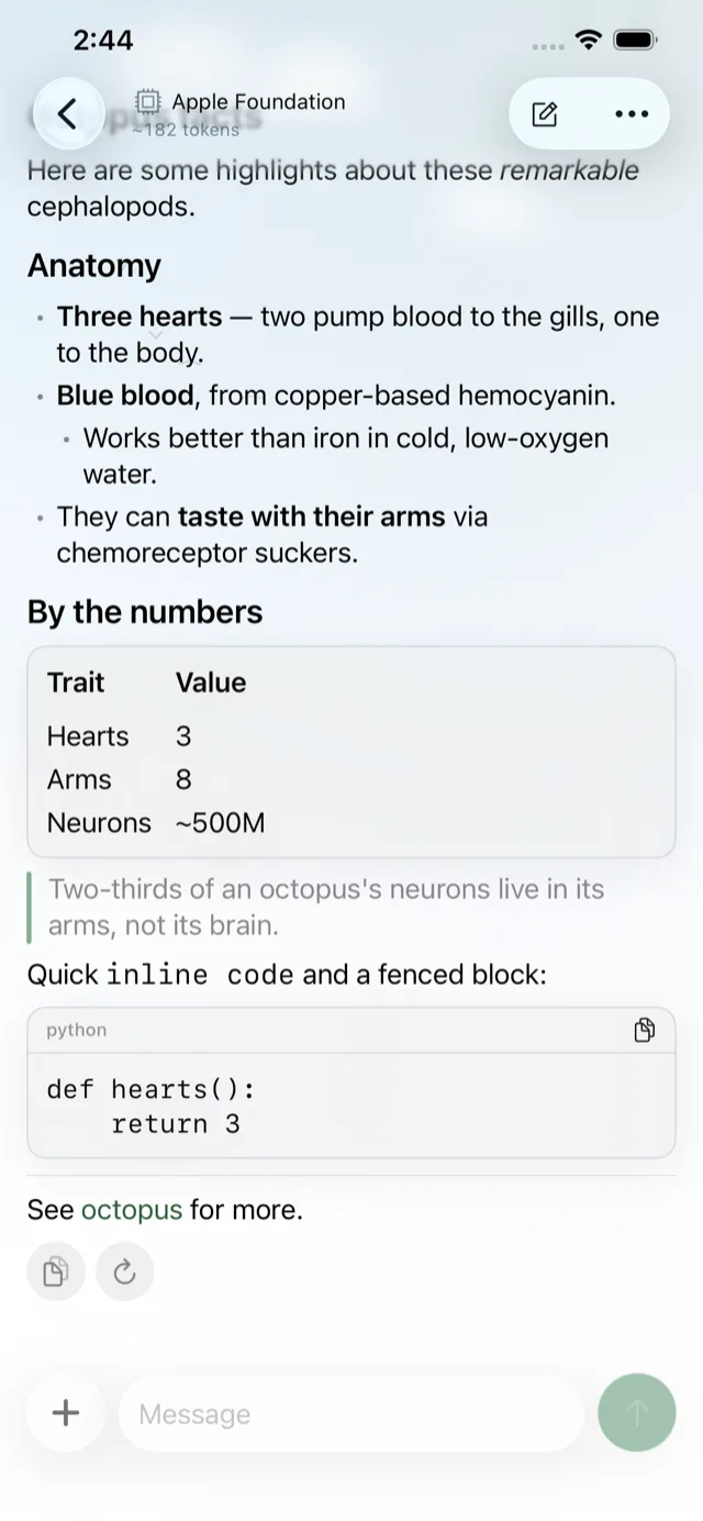Lochan streaming a richly formatted answer with a table and code