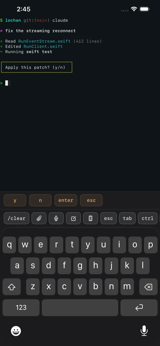 A live Herdr agent terminal on the phone with a permission prompt