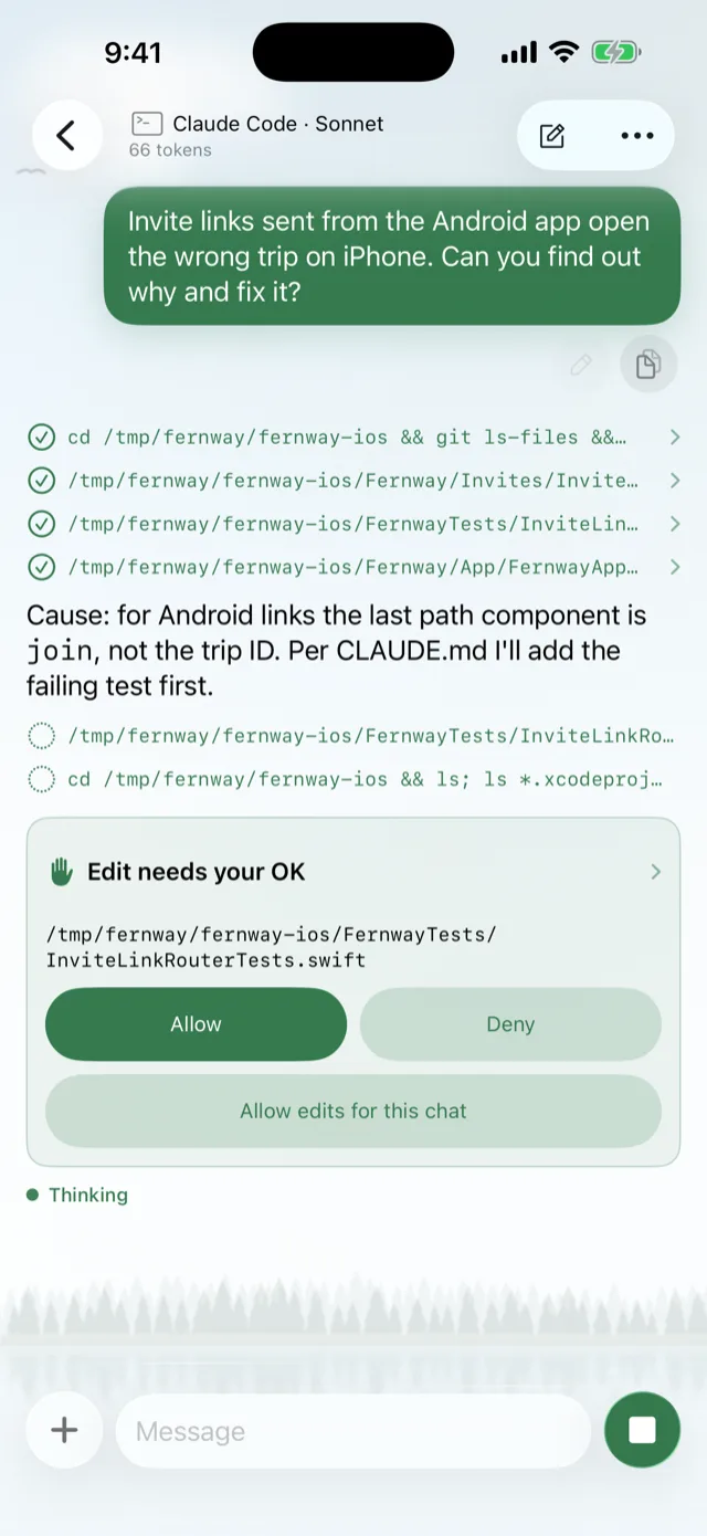 Claude Code on the Mac explaining why Android invite links open the wrong trip, then asking to edit the test file with Allow, Deny and Allow edits for this chat