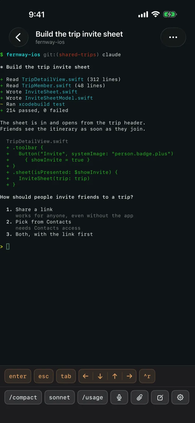 An agent's real terminal on the phone, asking how people should invite friends to a trip
