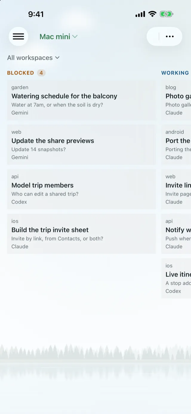 The attention board: blocked agents in the first column, working ones next
