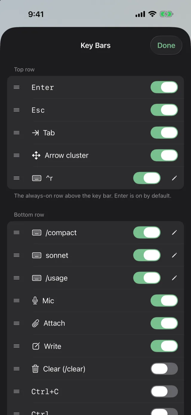 The Key Bars sheet with custom /compact, sonnet and /usage keys switched on