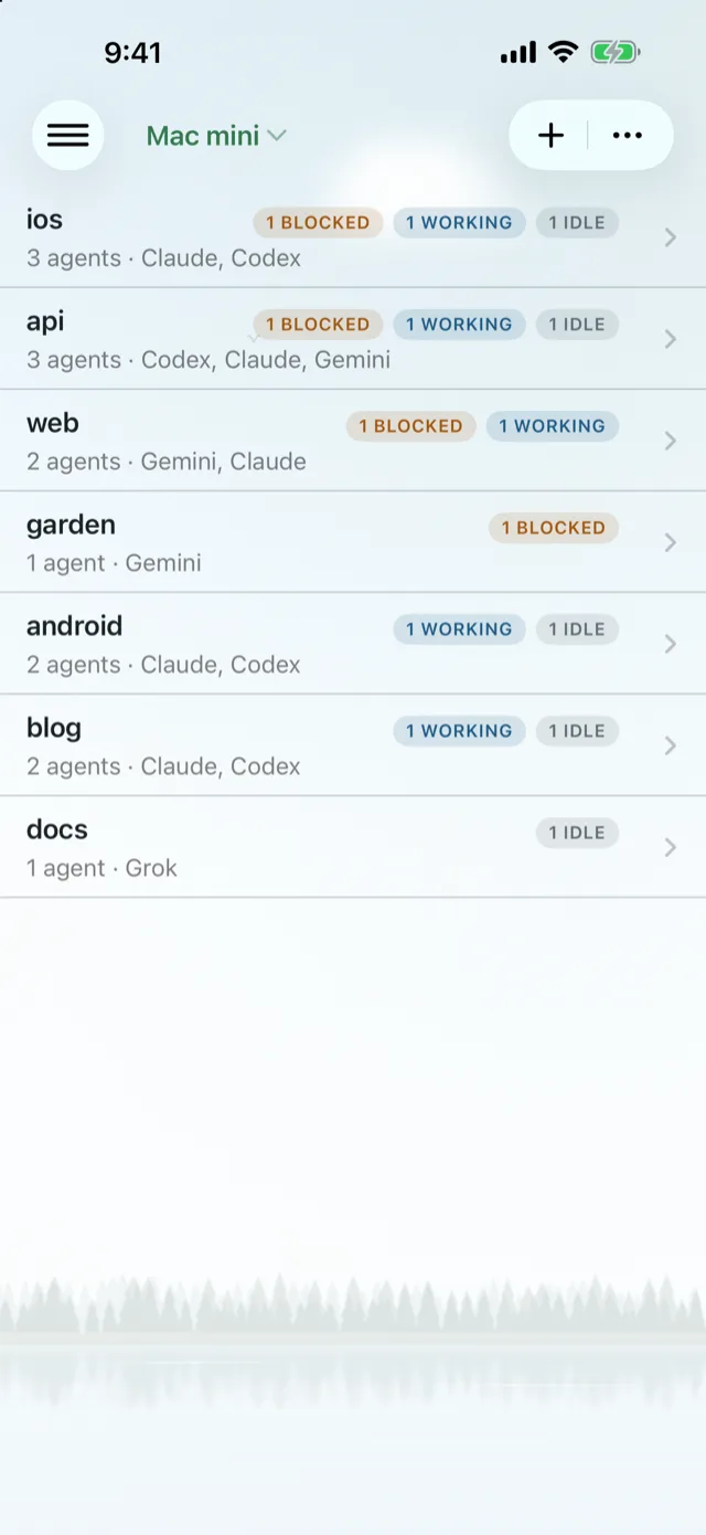 The Workspaces view: one row per project with blocked, working and idle counts