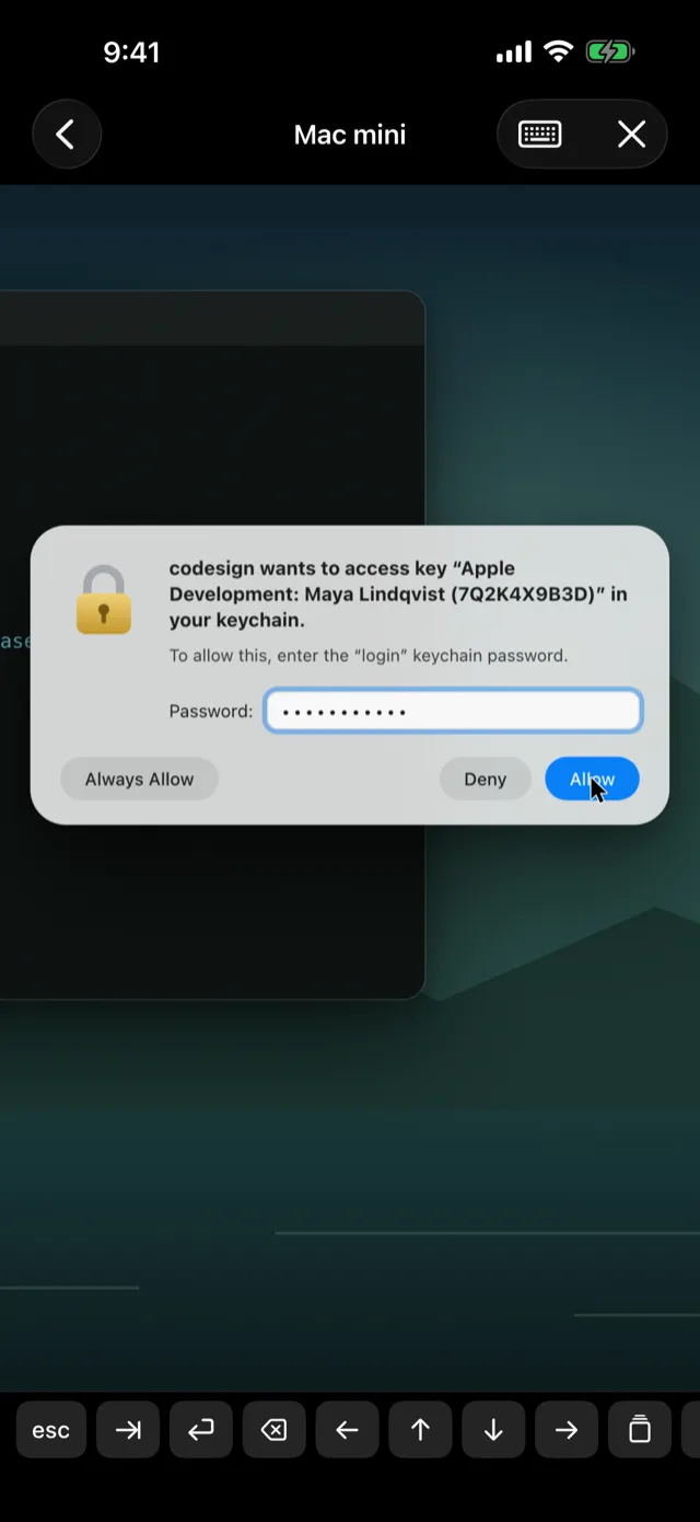 A Mac's screen on the phone, zoomed into a keychain prompt from codesign with the pointer on Allow