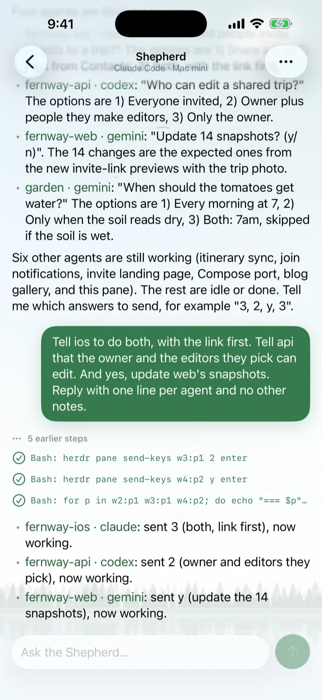 The Shepherd confirming it sent three answers: both with the link first to ios, owner and editors to api, and yes to web's snapshots