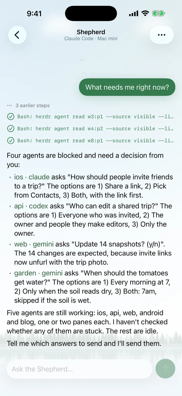 The Shepherd chat answering What needs me right now: four blocked agents, each with its question and a link to its pane