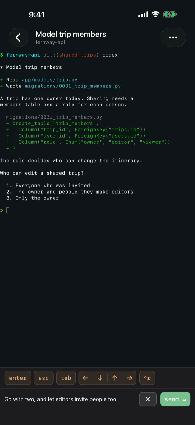 A dictated answer waiting under the terminal with a send button